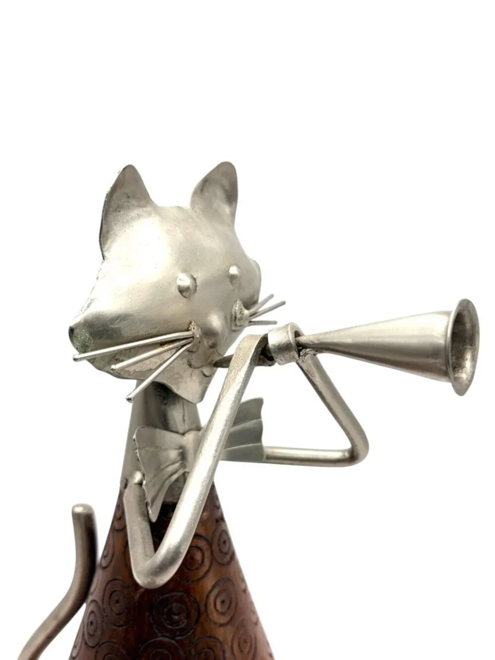 Pier 1 Carved Wood & Metal Cat Figurine Playing Trumpet Horn Sculpture 10